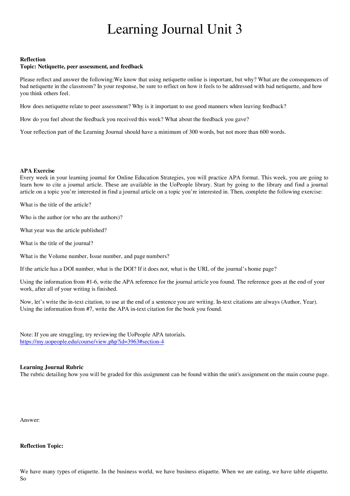 Preview image for University of the People UNIV1001 Online Education Strategies - Learning Journal Unit 3